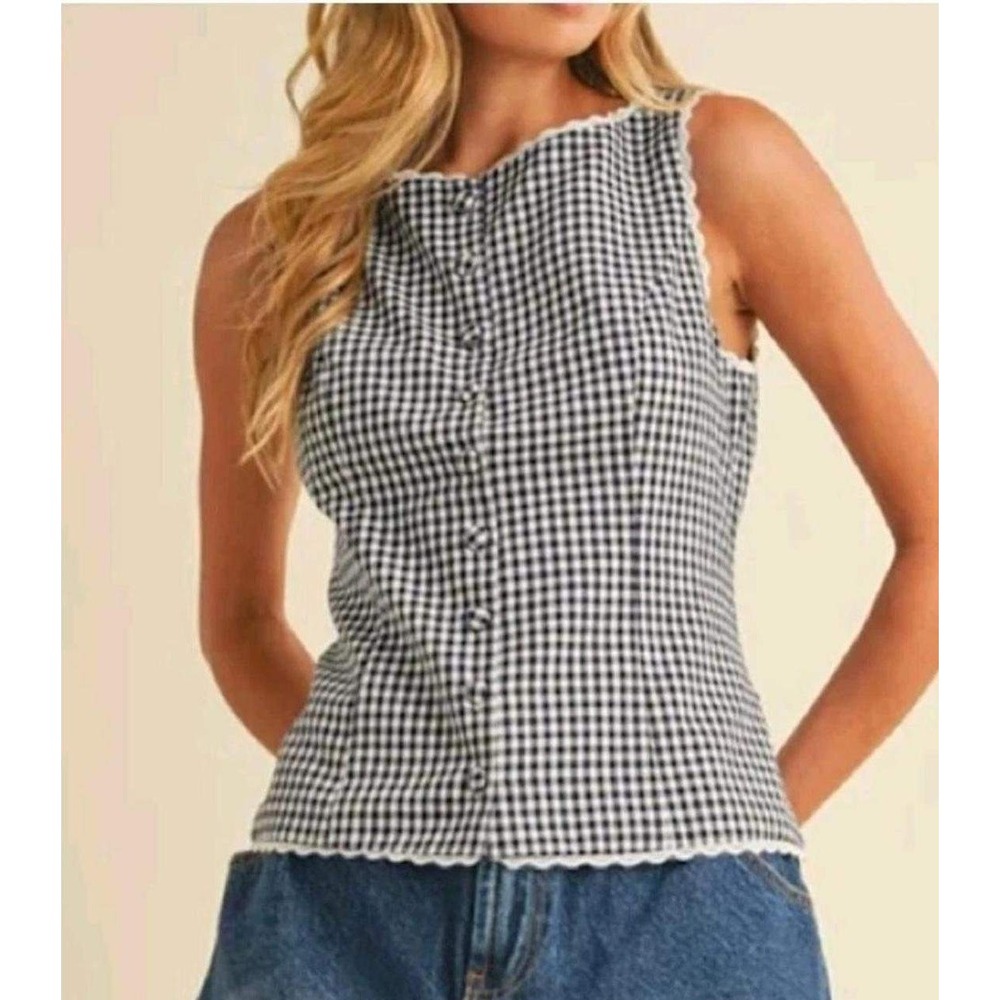 Christian Lacroix Navy Gingham Lace Trim Button Front Vest Top Small Cottagecore
